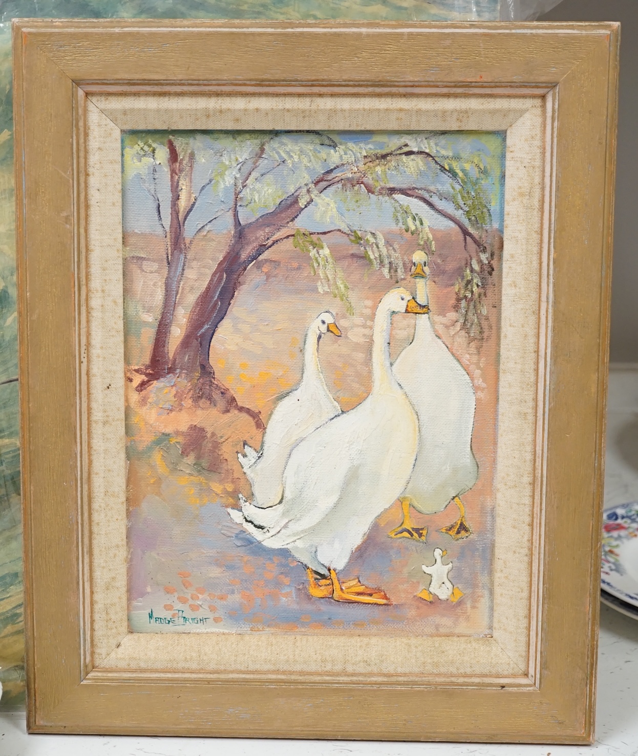 Madge Bright (20th. C), oil on board, geese before a landscape, signed, 28 x 20cm. Condition- good